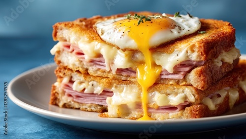 Croque madame breakfast sandwich with runny egg yolk on blue background