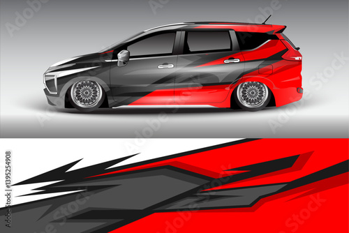 Sleek modified car with striking red and black graphics parked against a gradient background