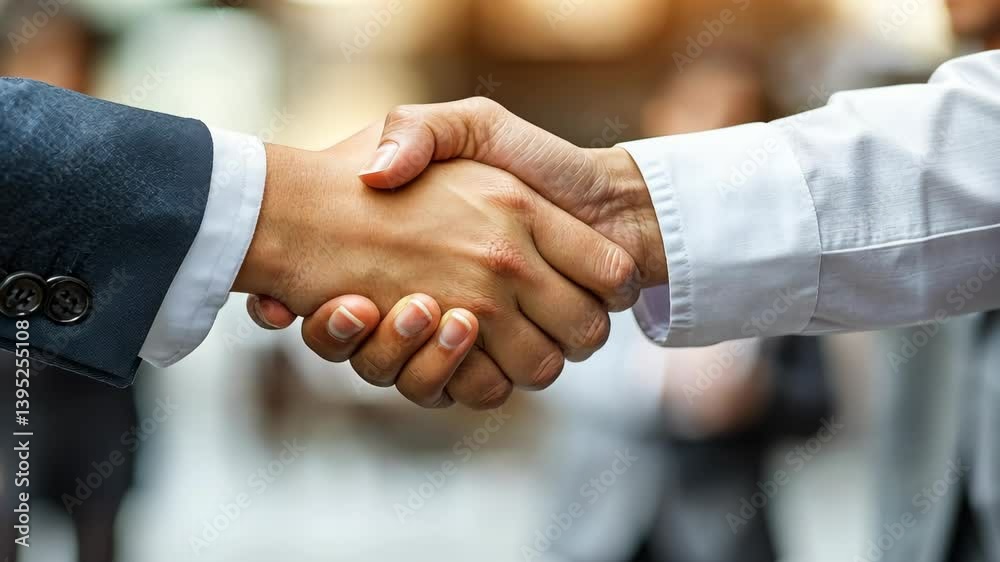 Successful negotiation between two executives, reaching an agreement symbolized by a firm handshake, signifying trust and partnership, blurred background. Successful negotiation between two executives, reaching an agreement symbolized by a firm handshake, signifying trust and partnership, blurred background.