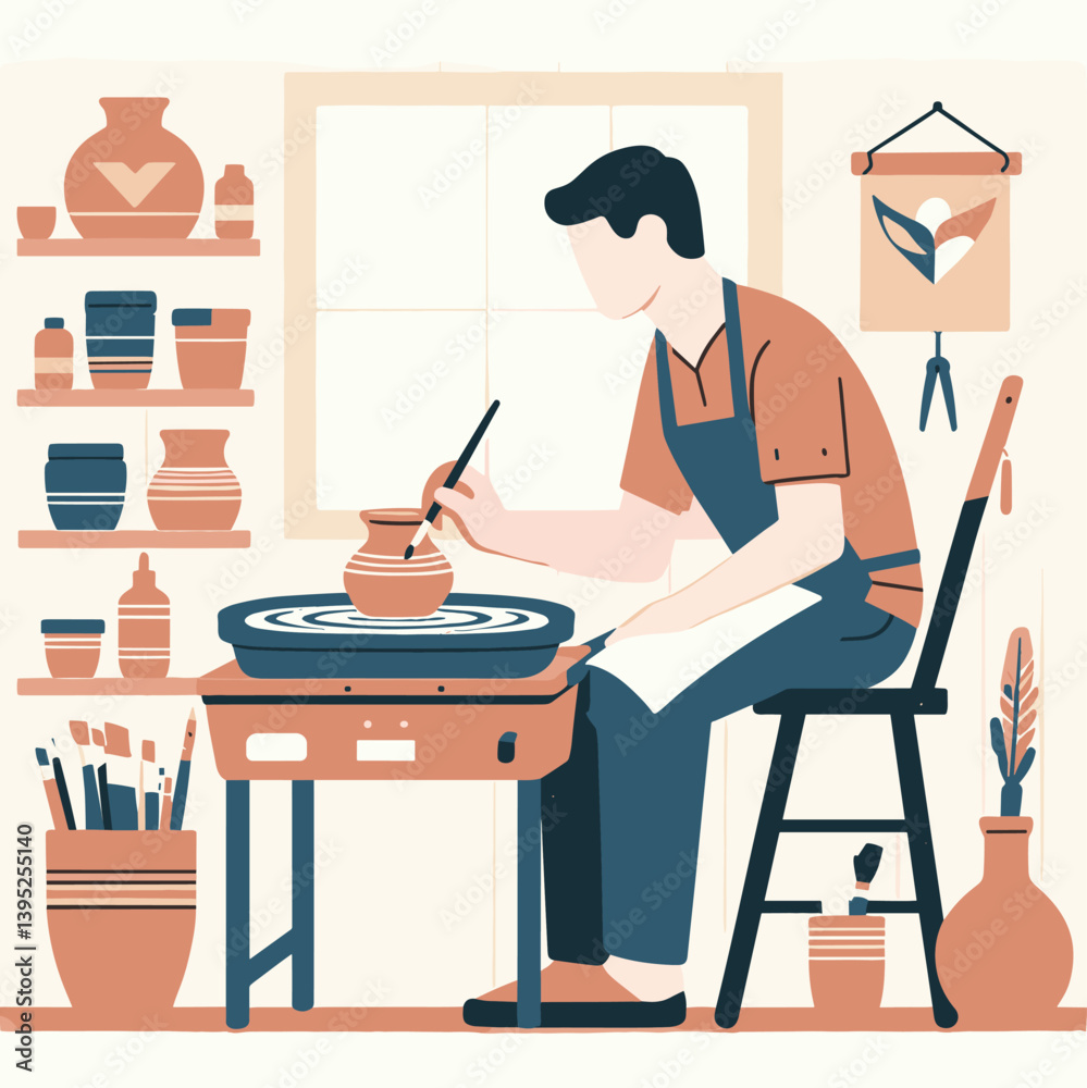 Fototapeta premium Artist Crafting Pottery in Studio - Flat Vector Illustration of Ceramic Creation