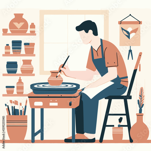 Artist Crafting Pottery in Studio - Flat Vector Illustration of Ceramic Creation