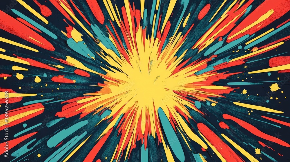Abstract explosion of colors with vibrant yellow center, radiating red and blue streaks, dynamic energy Abstract explosion of colors with vibrant yellow center, radiating red and blue streaks, dynamic energy