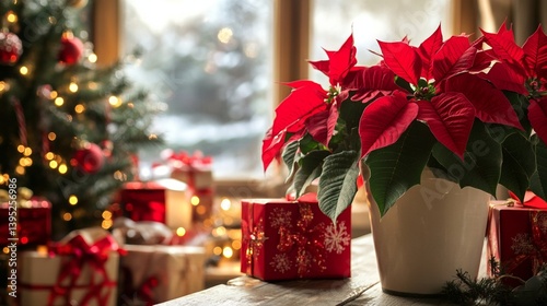 Festive christmas scene with poinsettia and decorated tree by a cozy window