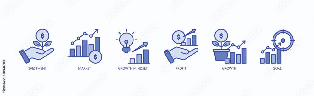 Success Icon Set Isolated Vector With Icon Of Investment, Market, Growth Mindset, Profit, Growth, Goal In Blue Style