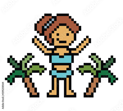Cute pixel cartoon two piece character woman bikini swimming suit game summer beach vacation for decoration lifestyle female bikini 2 piece cartoon 8 bit holiday relax pixel art png vector.