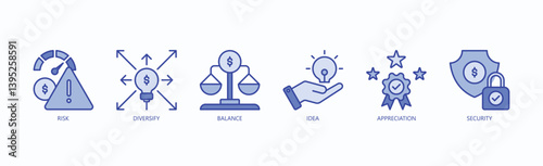 Stability Icon Set Isolated Vector With Icon Of Risk, Diversify, Balance, Idea, Appreciation, Security In Blue Style