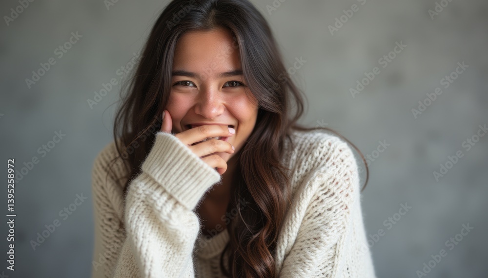 A cheerful young woman with long, flowing hair is playfully covering her mouth while laughing, radiating warmth and happiness. Her cozy, oversized sweater adds to the inviting atmosphere, making this A cheerful young woman with long, flowing hair is playfully covering her mouth while laughing, radiating warmth and happiness. Her cozy, oversized sweater adds to the inviting atmosphere, making this