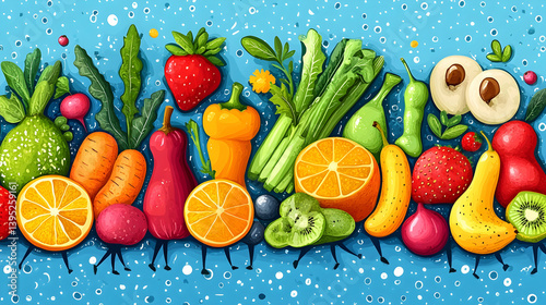 Cartoon fruits and vegetables healthy food illustration