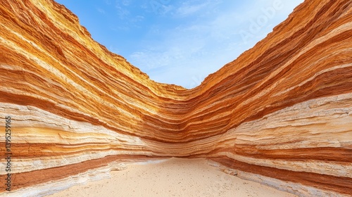 Colorful sedimentary rock layers in a canyon sunlight filtering through tranquil mood wide angle view natural landscape, Realistic Photo