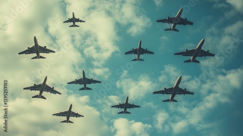 Multiple planes soar in dynamic yet synchronized formation against a backdrop of vibrant blue sky, epitomizing harmony and power in flight. photo
