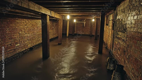 Wallpaper Mural Flooded brick basement interior with water damage and wooden support beams, showing construction and vulnerability Torontodigital.ca