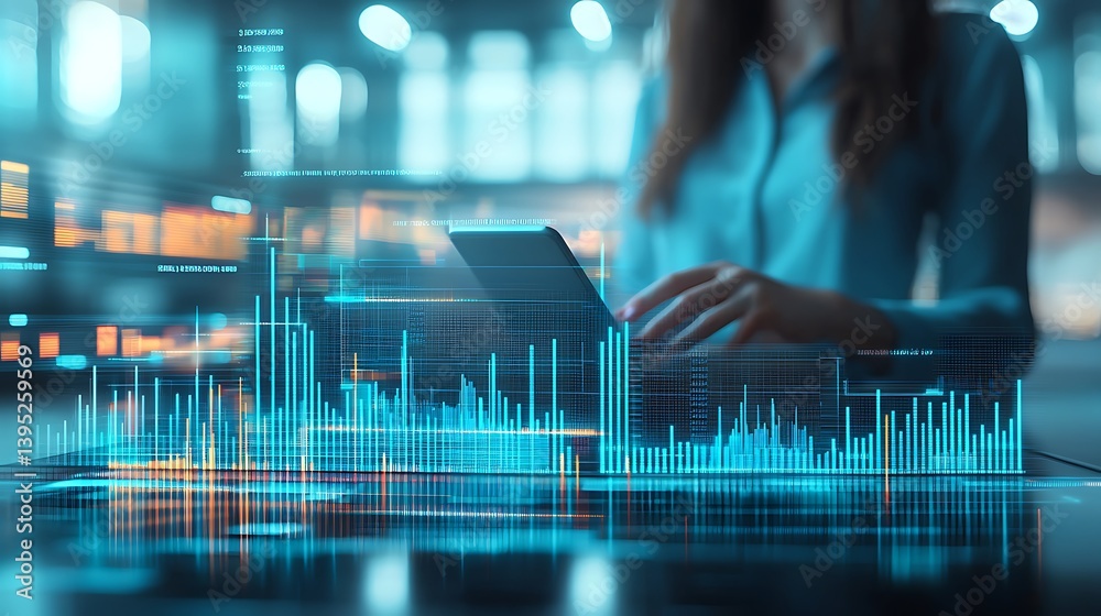 Woman working with digital data visualization in modern office Woman working with digital data visualization in modern office