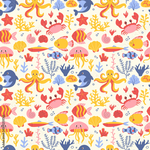 Seamless pattern with hand drawn marine animals, fish