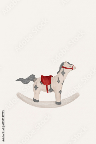 Rocking Horse baby Toy. Hand drawn pencil illustration of Riding pony for little baby. Retro drawing on isolated background for children holiday
