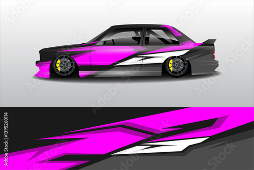 Vibrant pink and black modified car illustration showcasing sleek design and dynamic graphics