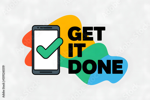 Minimalist vector illustration featuring a smartphone displaying a green checkmark on its screen, accompanied by the bold text 