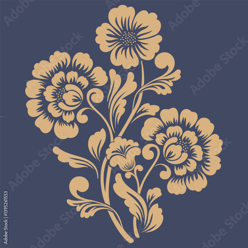 Floral vector stencil. Linocut flower illustration isolated. Vintage tattoo design. Block print or woodcut stamp graphic.