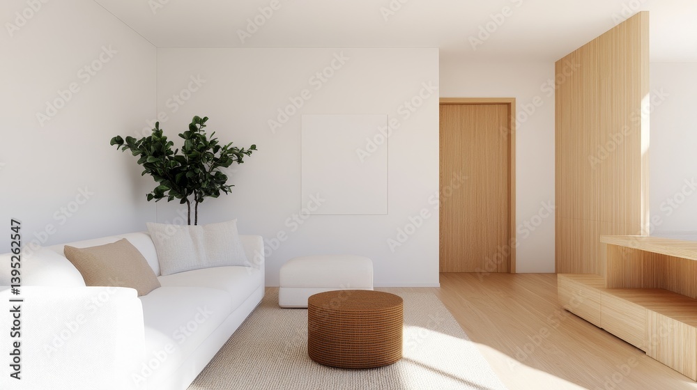 Fototapeta premium Minimalist Living Room White Sofa, Wood Accents, Modern Decor, Interior , Design