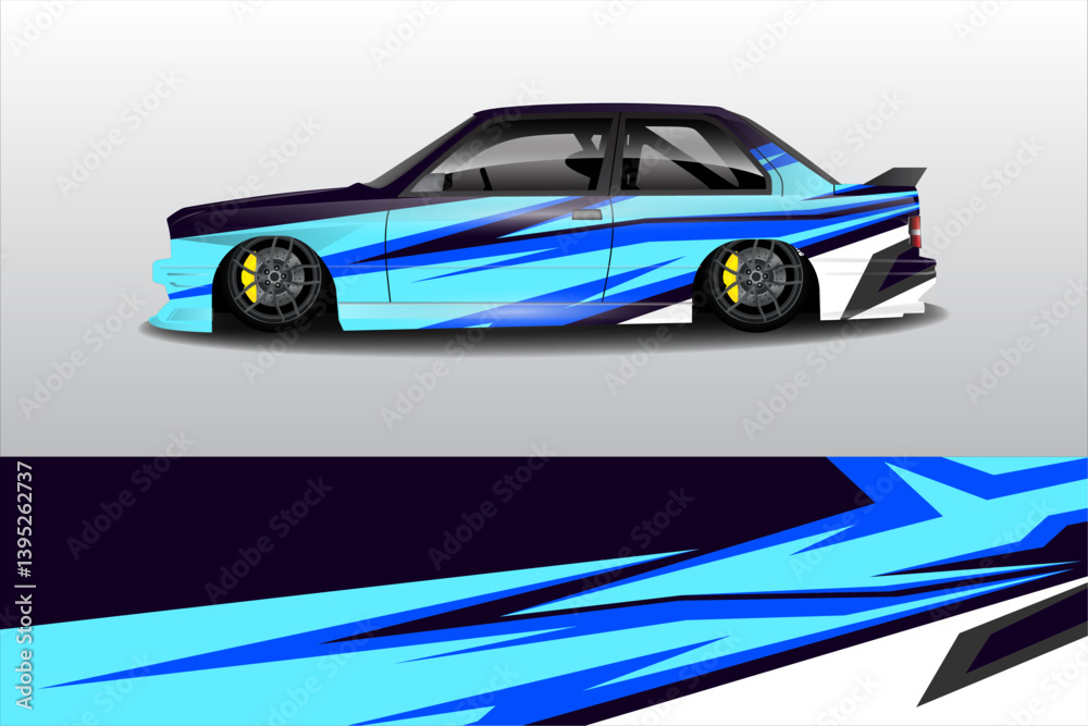 A stylized side view of a modified sports car with vibrant blue graphics on a sleek background A stylized side view of a modified sports car with vibrant blue graphics on a sleek background