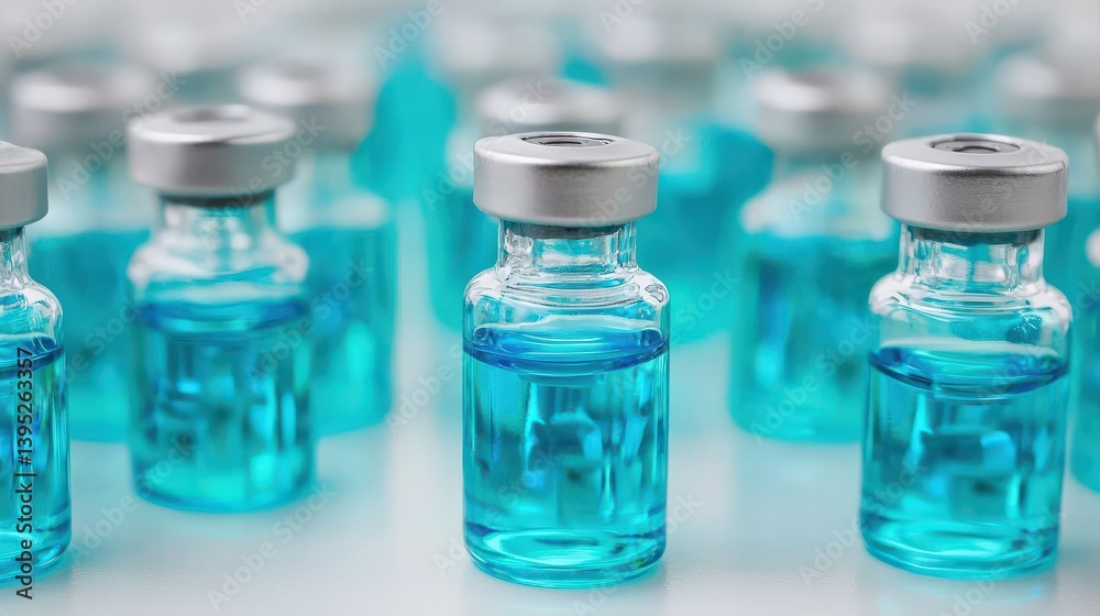 A close-up view of multiple vials containing blue liquid, likely used for medical or pharmaceutical purposes, arranged neatly in a row. A close-up view of multiple vials containing blue liquid, likely used for medical or pharmaceutical purposes, arranged neatly in a row.