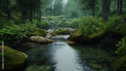 A serene stream meanders through a lush, green forest, surrounded by rocks and vibrant foliage under a soft, misty sky.