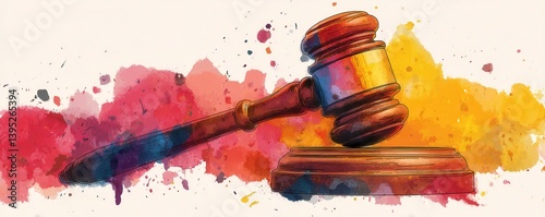 Artistic depiction of a gavel with colorful watercolor splashes