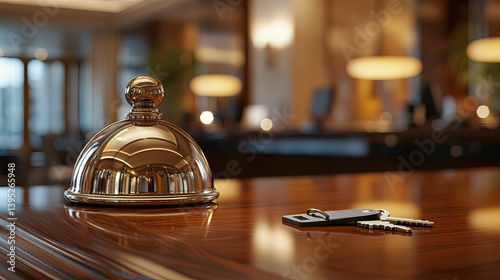 A shiny bell and keys rest on a wooden reception desk photo