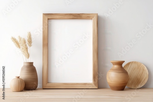 Minimalist Display with Wooden Frame and Decorative Vases