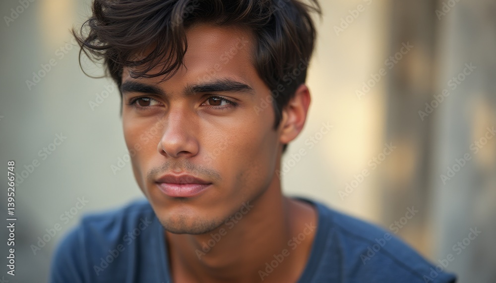 Fototapeta premium A striking portrait of a young man with tousled dark hair and a contemplative expression, set against a softly blurred background. His intense gaze and chiseled features evoke a sense of depth and