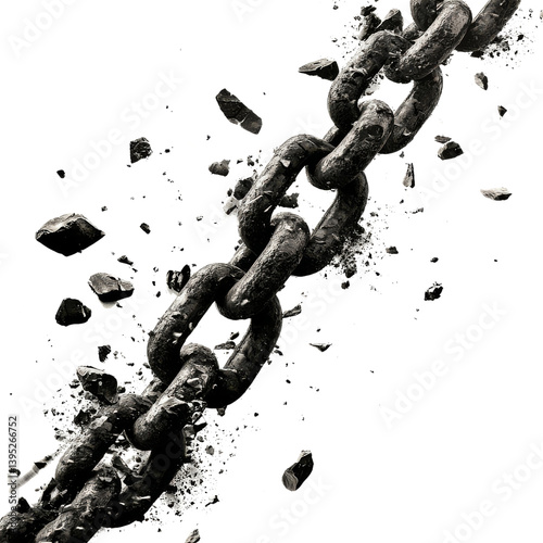 Breaking Free: An old, weathered chain shatters dramatically, symbolizing freedom from constraints. The image conveys resilience.