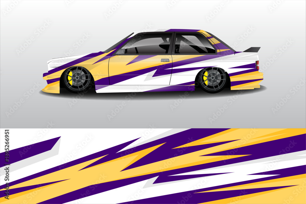 Stylishly modified car with vibrant purple and yellow graphics parked against a minimalist background Stylishly modified car with vibrant purple and yellow graphics parked against a minimalist background