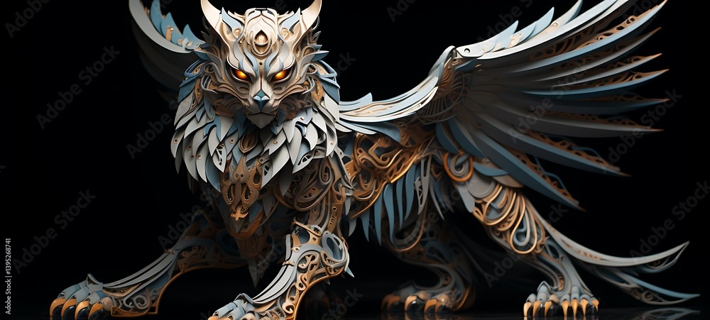 Naklejka premium Paper quilling wolf garuda Nano Robot full body in a sea of diamonds, ai generative