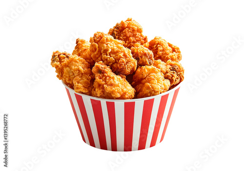 Delicious crispy fried chicken in a striped bucket isolated on transparent background