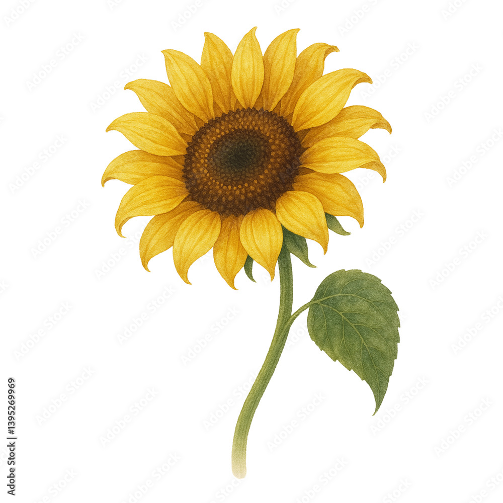 Obraz premium Watercolor Sunflower with Yellow Petals and Green Leaf