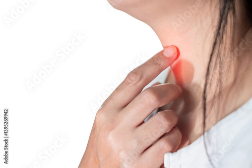 Sore throat, Close up woman scratch the neck by hand at home, due to itching in the throat, throat infection, flu, irritation. isolated on transparen t background, PNG File