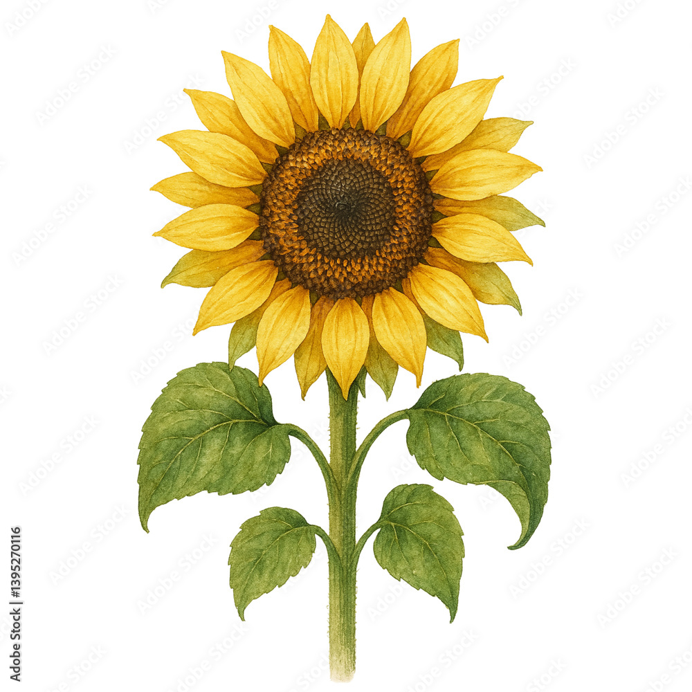 Obraz premium Watercolor Illustration of a Sunflower with Green Leaves and Detailed Petals