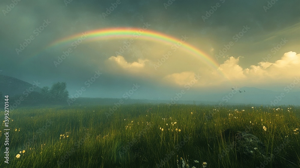 Naklejka premium rainbow over lush green field