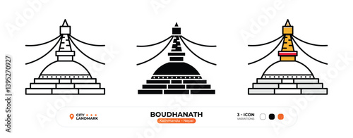 Boudhanath Line Icon. Kathmandu, Nepal, Landmark, Silhouette, Color Vector, Editable Stroke.