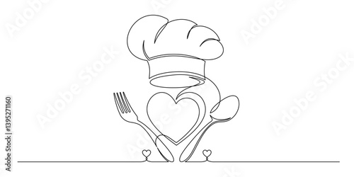 Chef hat and cutlery vector continuous line art style 5