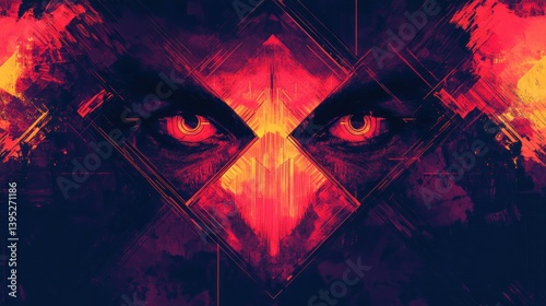 Abstract art, close-up, intense, demonic, eyes, vibrant, red, orange, yellow, dark