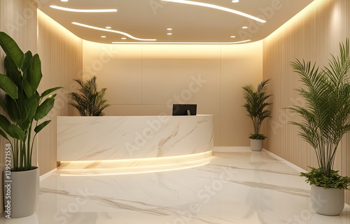 Modern reception area with warm lighting and plants