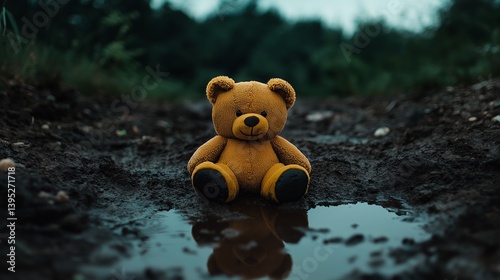 Abandoned teddy bear lying in muddy puddle on rainy day outdoors