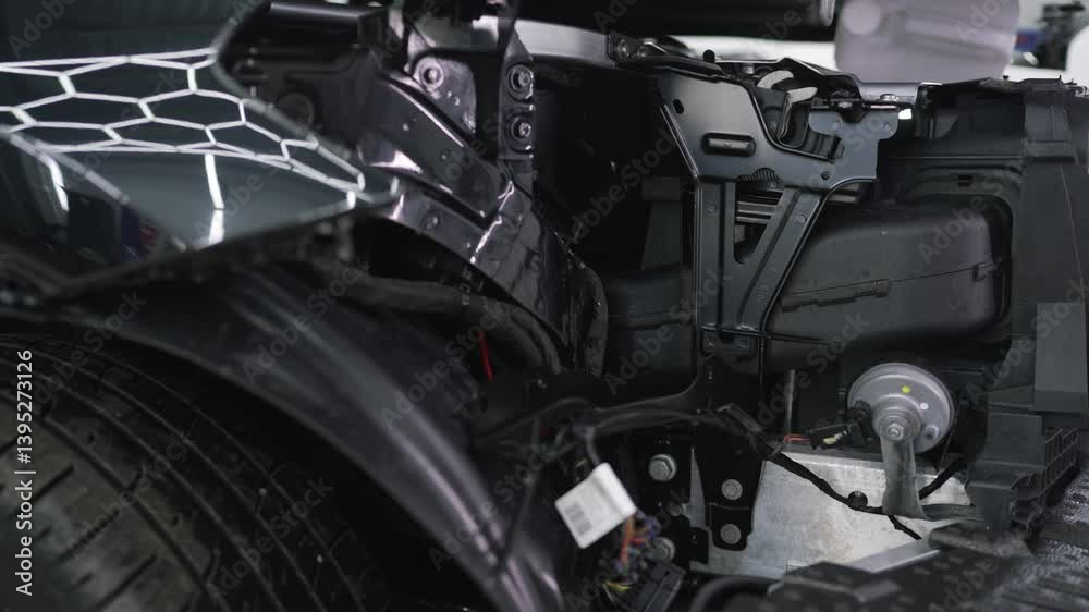 Car restoration process focusing on repairing front section, showcasing professional mechanic's expertise in automotive bodywork and detailed vehicle repair techniques Car restoration process focusing on repairing front section, showcasing professional mechanic's expertise in automotive bodywork and detailed vehicle repair techniques