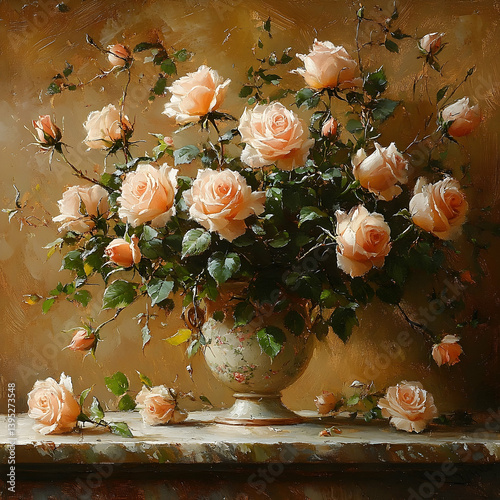 A beautiful painting showcasing a delicate rose arrangement in a vase