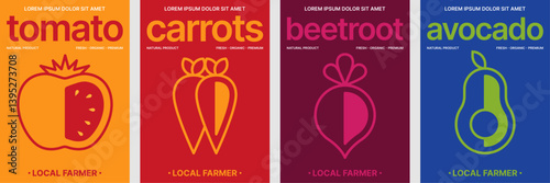 Colorful vegetable poster set with tomato, carrot, beetroot, and avocado illustrations in minimalist line art style.