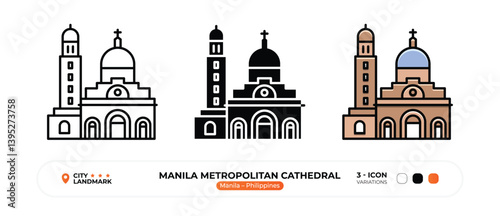 Manila Metropolitan Cathedral Line Icon. Manila, Philippines, Landmark, Silhouette, Color Vector, Editable Stroke.