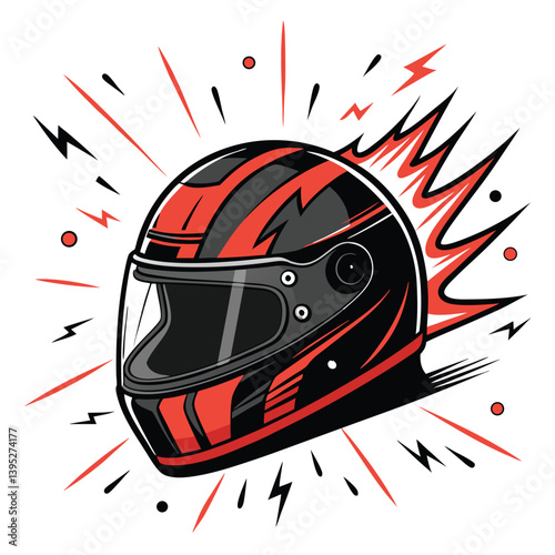 Design a vector illustration of a racing helmet shattered into bold, dynamic pieces, emphasizing speed and impact.  Focus on strong lines and vibrant colors.