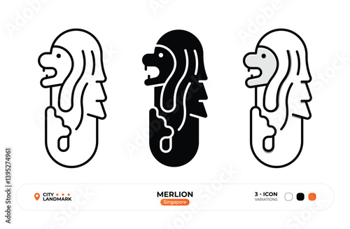 Merlion Line Icon. Singapore, Landmark, Silhouette, Color Vector, Editable Stroke.
