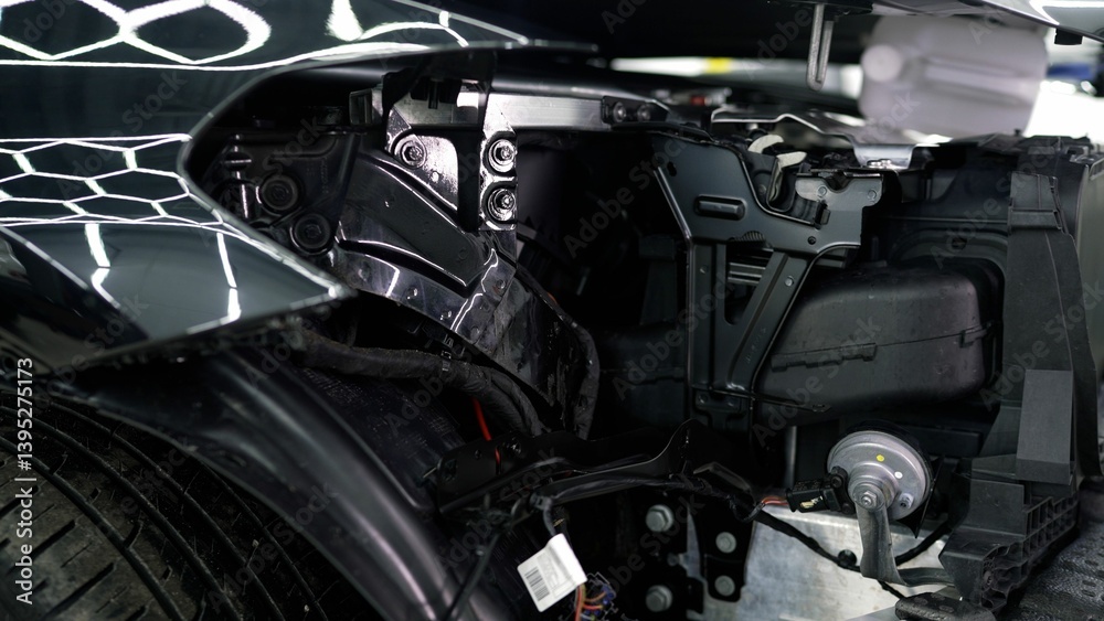 Car restoration process focusing on repairing front section, showcasing professional mechanic's expertise in automotive bodywork and detailed vehicle repair techniques Car restoration process focusing on repairing front section, showcasing professional mechanic's expertise in automotive bodywork and detailed vehicle repair techniques