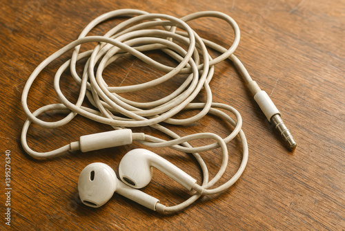 Tangled wired earphones on wooden surface